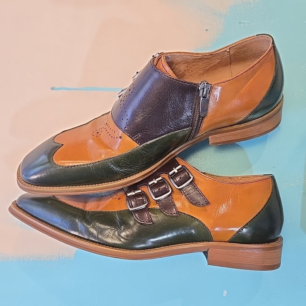 Steven Land Monk Strap Shoes Mens 7.5 Colorblock‎ Buckle Pointed Toe Brown Green